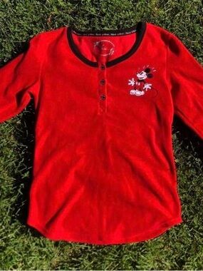 Rare Disney Red fleece Mickey Henley Top with Black Trim